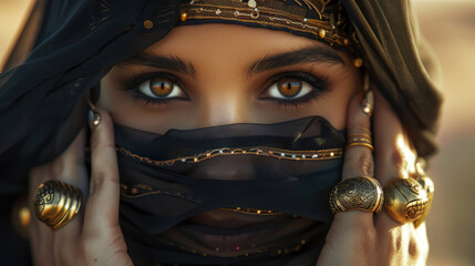 exquisite portrait of Arabic woman with detailed eye makeup and traditional jewelry