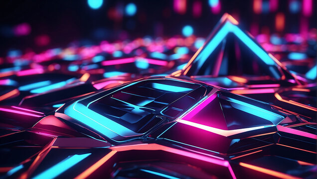 Abstract digital art featuring intersecting neon light beams in shades of purple, pink, and cyan against a dark background. The dynamic composition creates a futuristic, geometric landscape