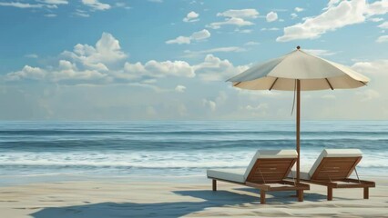 Poster - A beach scene with two lounge chairs and an umbrella. Scene is relaxing and peaceful