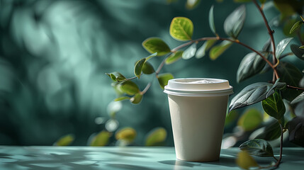 Wall Mural - Disposable White Paper Cup for Drinks Mockup on White Table with Green Background 