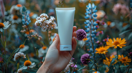 Wall Mural - Female hand with cosmetic product mockup against a background of flowers. Concept of natural and organic cosmetics. Mockup of a white cream tube. Skincare concept. 