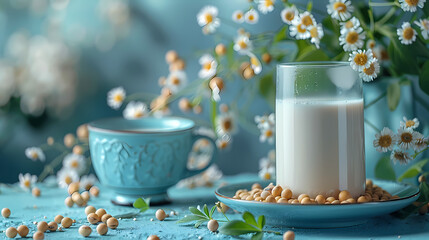 Wall Mural - Fresh Soy Milk in unlabeled bottle, a cup of milk, bowl of soybean and a flower vase decorated. Concept stage for product made from natural milk 