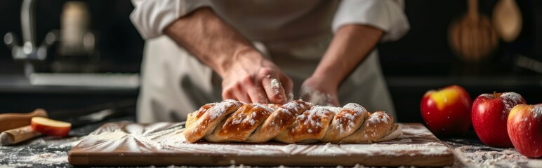 Chef hand preparing a crispy apple fruit tart strudel pastry dessert over rustic table kitchen background