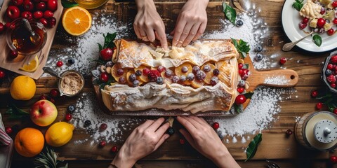 Chef hand preparing a crispy apple fruit tart strudel pastry dessert over rustic table kitchen background