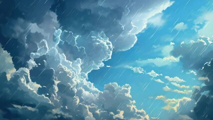 Sticker - A stormy sky with rain pouring down. The sky is filled with dark clouds and lightning bolts. Scene is intense and dramatic