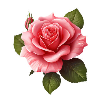 A rose with two leaves isolated on transparent background, cut out, PNG.