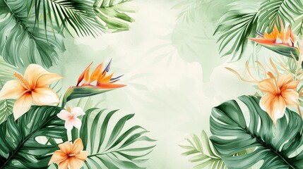 Wall Mural - Watercolor tropical leaves and flowers, with delicate brushstrokes capturing the intricate details of monstera leaves