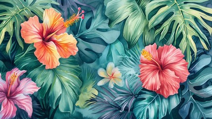 Wall Mural - Watercolor illustration of tropical leaves and flowers, showcasing a mix of banana leaves, orchids, and heliconia