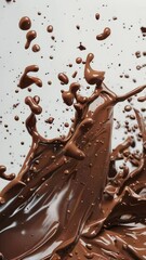 Wall Mural - A splash of chocolate is splattered across a white background. Concept of indulgence and pleasure, as the rich, dark color of the chocolate contrasts with the clean, white background