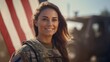 © inthasone - Portrait of a Happy female soldier with a smile while standing outside her house with her bag. American servicewoman coming back home after serving her country in the military.