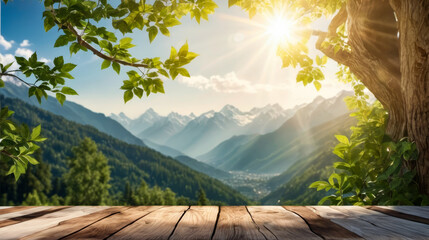 Wall Mural - Wooden bench is situated in beautiful mountainous area with sun rays shining through the trees.