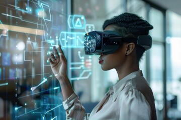 Wall Mural - Professional woman wearing VR glasses in an office setting, interacting with holograms 