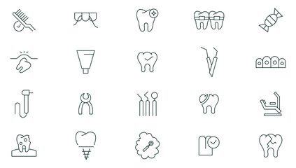 Dental care line icon set. Dentistry, medical, implant, braces, dentist, toothache, aligners, veneers, tooth outline icons collection. Thin outline icons pack.