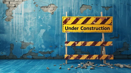 under construction sign against grunge wall background with space for text