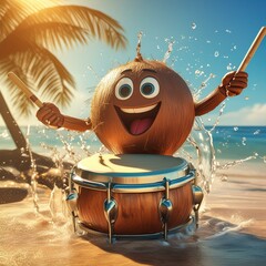 Beachside Rhythm: Coconut Drumming on a Sunny Shore, Creating Tropical Sounds