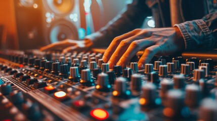 Wall Mural - Music mixing board. DJ. Close-up of recording. Background audio track in dark recording Aesthetics of industrial machinery, multimedia, bright colors