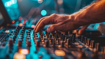 Wall Mural - Music mixing board. DJ. Close-up of recording. Background audio track in dark recording Aesthetics of industrial machinery, multimedia, bright colors