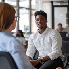 Sticker - A man in a white shirt is sitting in a chair and talking to a woman