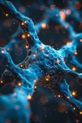 Wall Mural - A close up of a blue neuron with glowing dots, AI