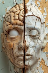 Canvas Print - A broken and cracked head of a human with the brain exposed, AI