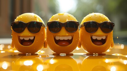 Canvas Print - Three yellow plastic figurines with sunglasses on are sitting in a row, AI