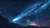 A comet is shooting through the sky, leaving a trail of light behind it