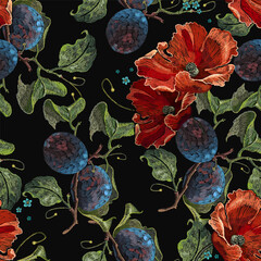 Wall Mural - Embroidery plums and red poppies flowers, seamless pattern. Summer garden background. Fashion template for clothes, t-shirt design, renaissance style