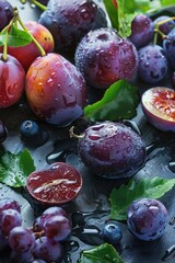 Wall Mural - Ripe plums displayed on a wooden table, perfect for food and nutrition concepts