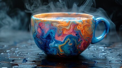 Canvas Print - A colorful coffee cup with steam coming out of it on a table, AI