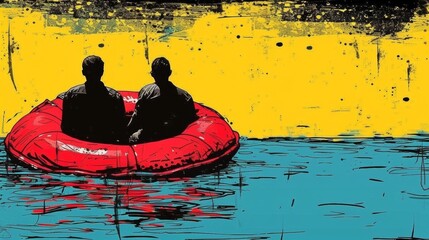 Sticker - Two people sitting in a raft on top of water, AI