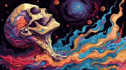 Wall Mural - A painting of a skull with colorful swirls around it, AI