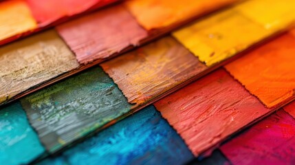 Wall Mural - Colorful array of paint swatches captured in a macro close-up shot, showcasing the fine details and texture with shallow depth of field. 