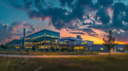Sticker - A panoramic photograph of the research facility at dusk, symbolizing the tireless efforts of scientists in the fight against the X virus. 32K.