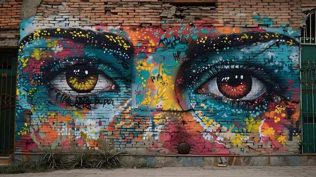 Graffiti mural featuring a close-up of a woman's face with intricate textures and vibrant colors