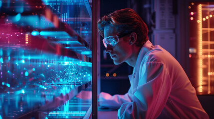 Sticker - A scientist observing a quantum computer prototype, mesmerized by the glowing qubits dancing in the quantum state. 32K.