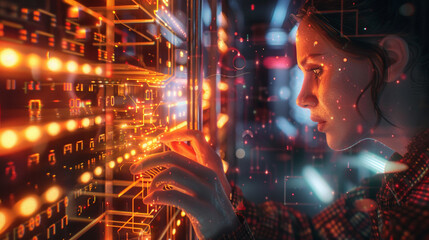 Poster - A scientist observing a quantum computer prototype, mesmerized by the glowing qubits dancing in the quantum state. 32K.