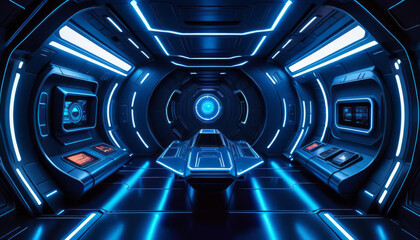 Wall Mural - futuristic glowing tunnel room interior spaceship blue lights neon dark background black technology night travel abstract design wall science road floor time light empty concept colourful line