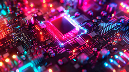 Poster - Close-up of a quantum processor, its qubits illuminated with vibrant colors, symbolizing the power of quantum computing. 32K.