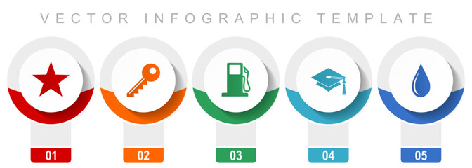 Poster - Education icon set, miscellaneous vector icons such as star, key, fuel, education and water, modern design infographic template, web buttons in 5 color options