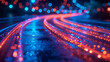 © Collorio - Colorful light trails on city roads at night, depicting motion and urban nightlife. Concept of transportation, movement, and vibrant city atmosphere.