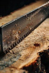 A person cutting a piece of wood with a chainsaw. Suitable for construction and DIY projects