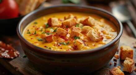 Wall Mural - Bowl of Pumpkin Soup With Croutons and Tomatoes