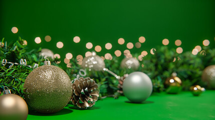 Wall Mural - Christmas balls and garland on green screen background