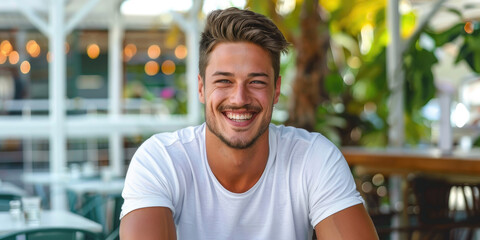 Wall Mural - A handsome man smiling with a muscular body wearing a white t-shirt on a restaurant terrace, holding his hands behind his head.