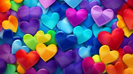 Bright Pride Month image, representation of LGBTQ community, close up, focus on the colorful hearts, theme of support, whimsical, Manipulation, backdrop of rainbow colors