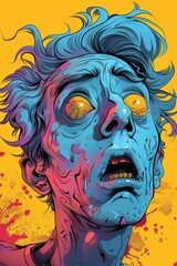 Wall Mural - A drawing of a zombie with blue eyes and yellow hair, AI