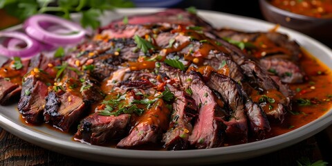 Wall Mural - Savory overhead shot of roasted beef with zesty spicy sauce. Concept Food Photography, Overhead Shot, Roasted Beef, Zesty Sauce, Savory Dish