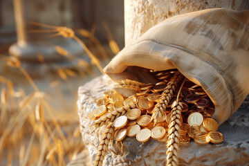 Bag of Gold Coins on Pillar