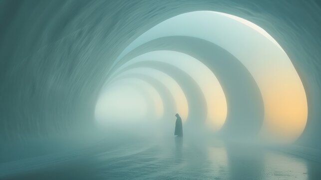 A person standing in a tunnel with fog and light, AI