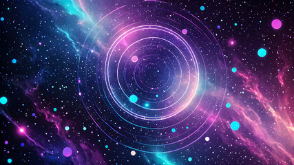 Wall Mural - Magic fantasy background. futuristic circle. light effect. Blue, purple, neon lights illuminate the night scene with sparkles against a starry background.